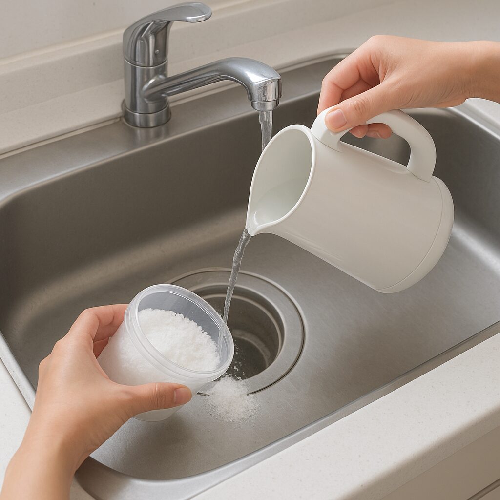 重曹と熱湯を使って排水口の油汚れを落とす様子