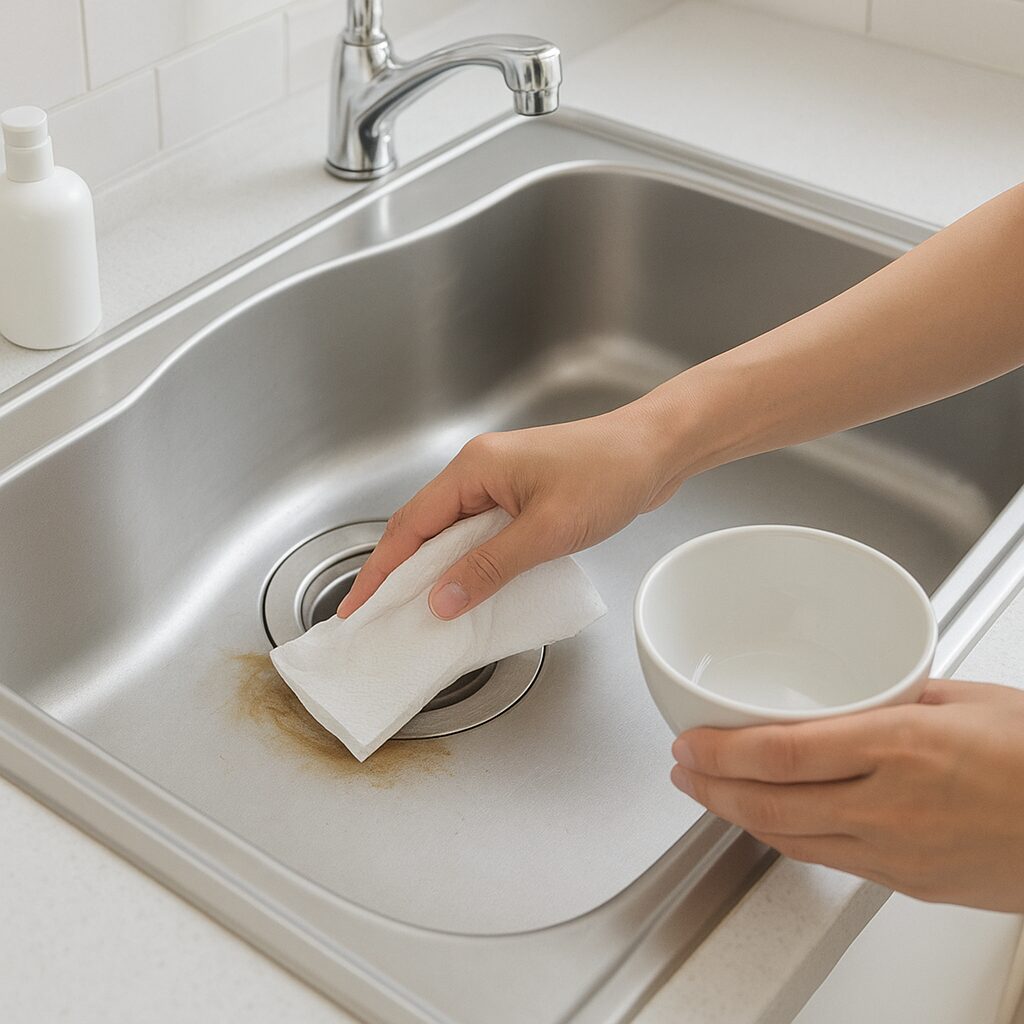 排水口の油汚れを防ぐために油を拭き取ってから洗い物をしている様子