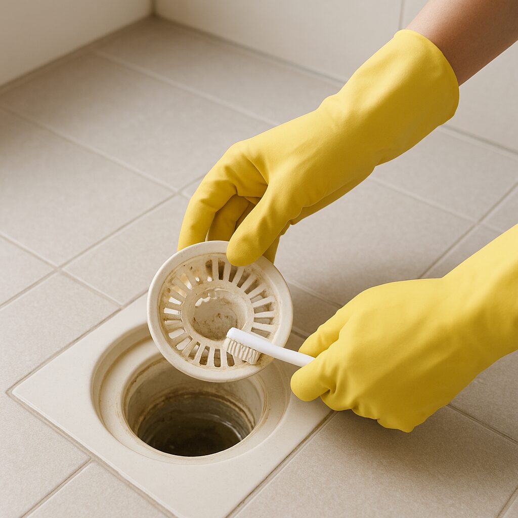 排水口のぬめりをブラシでこすり落としているところ