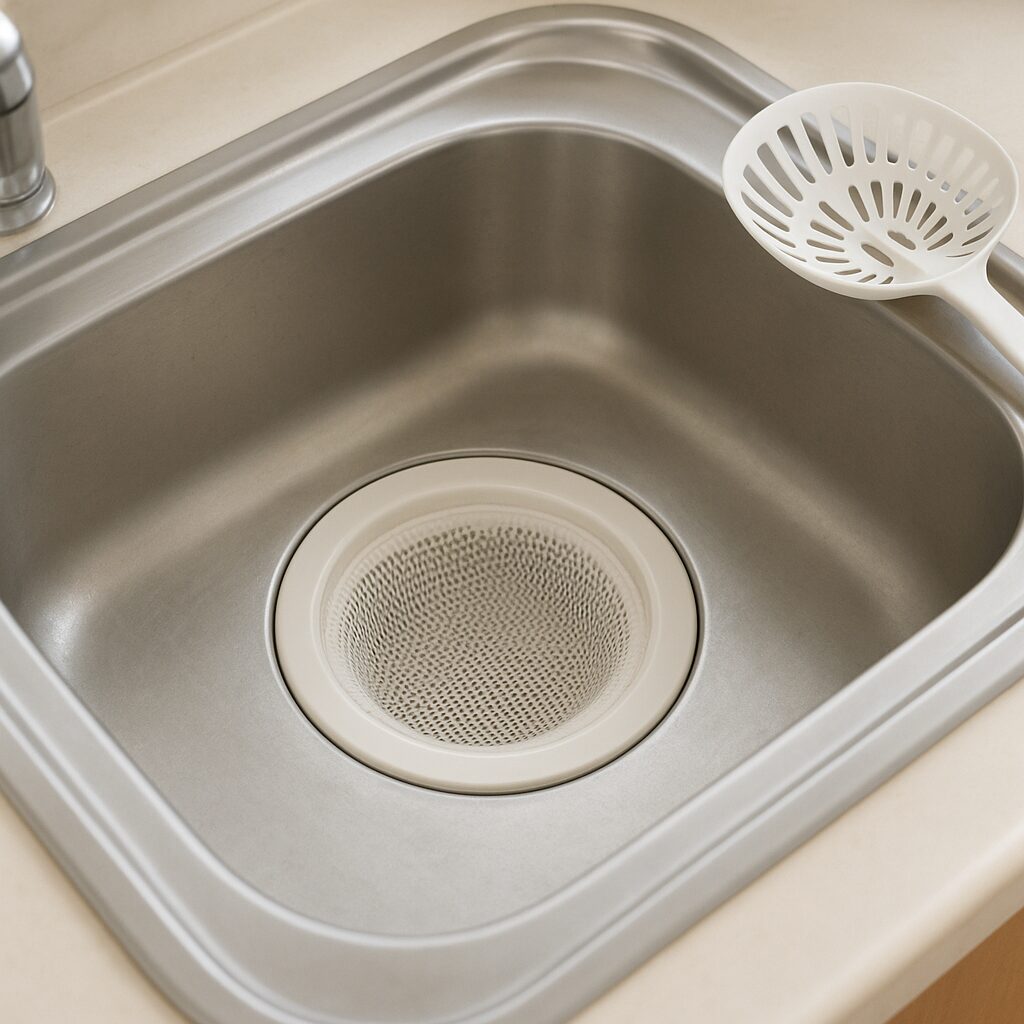 排水口ネットとカバーでぬめりを予防している排水口