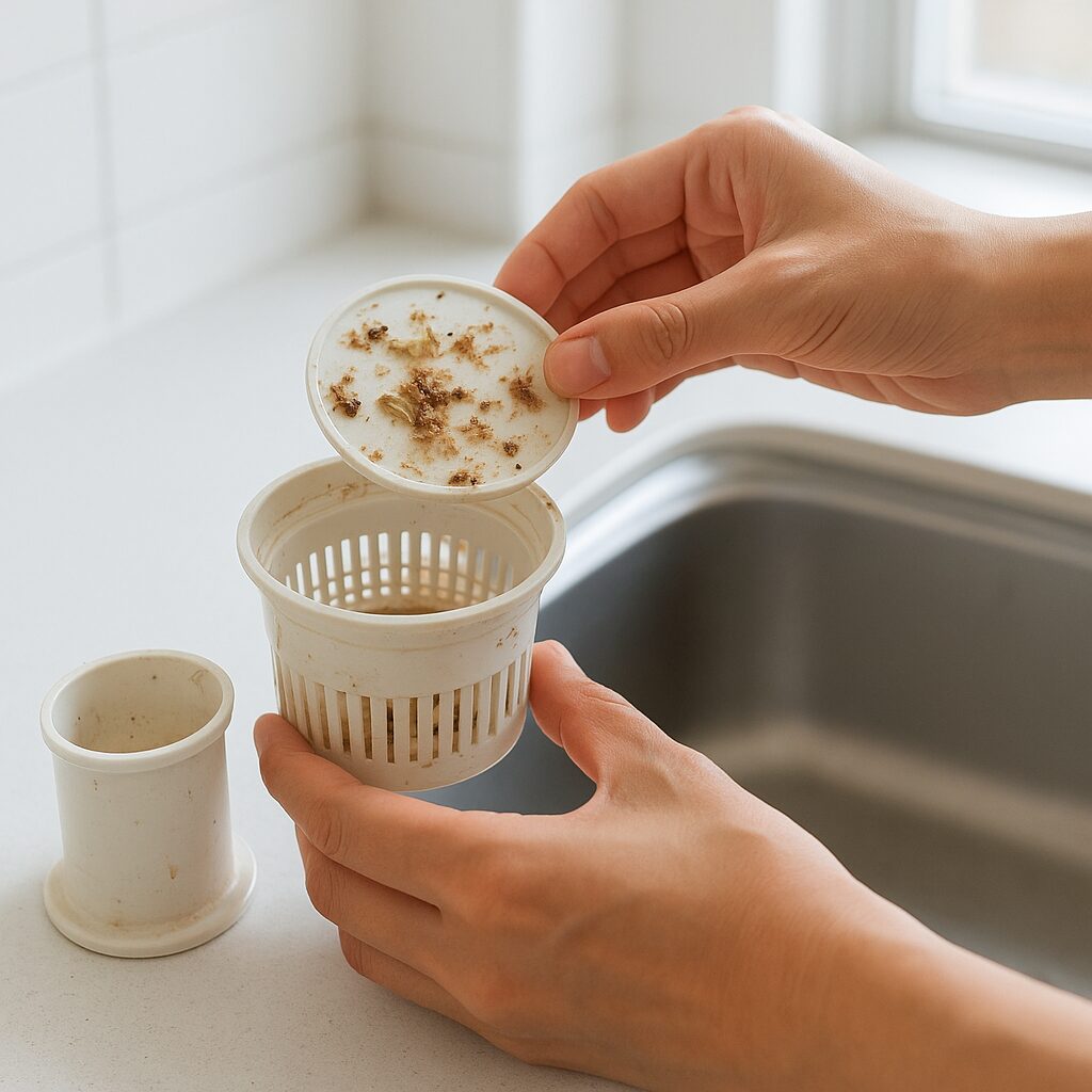 排水口の悪臭の原因となる汚れを確認している様子