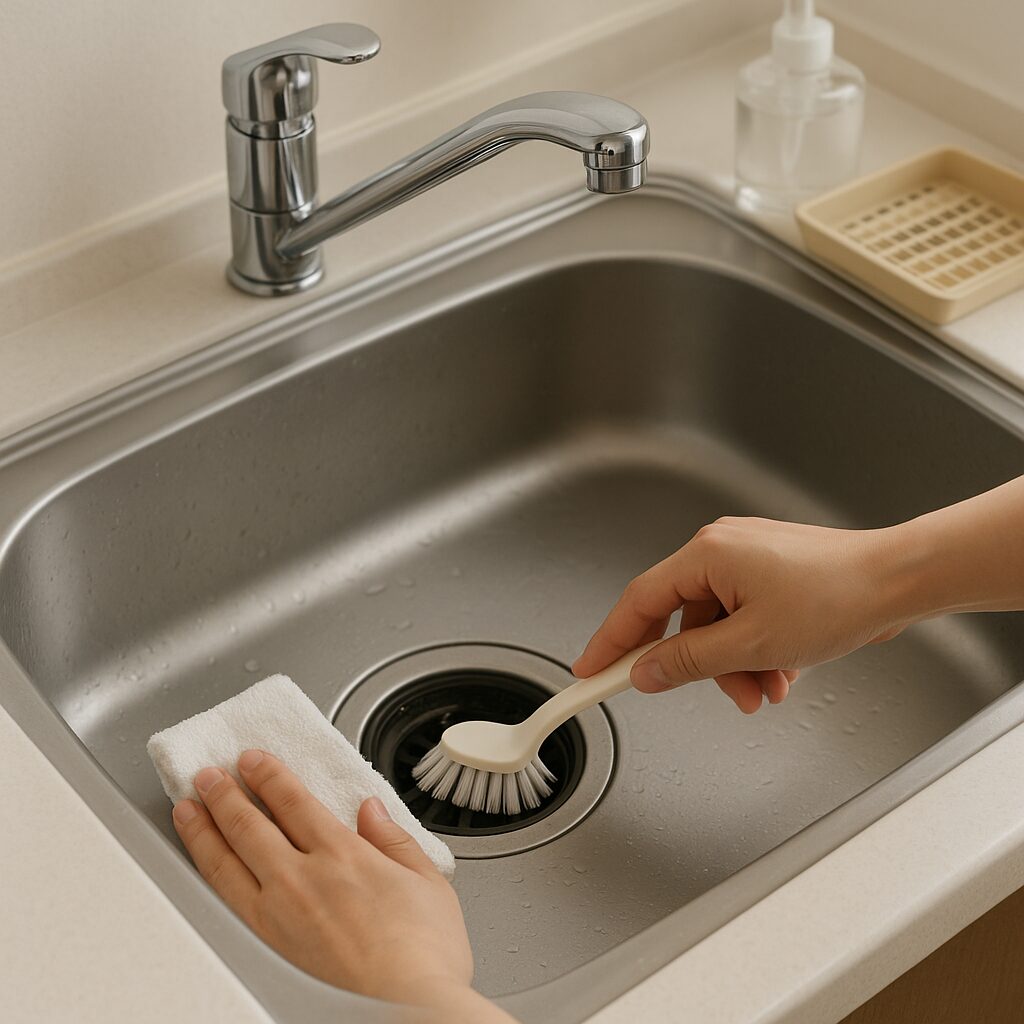 キッチンの排水口を掃除して悪臭予防をしている様子