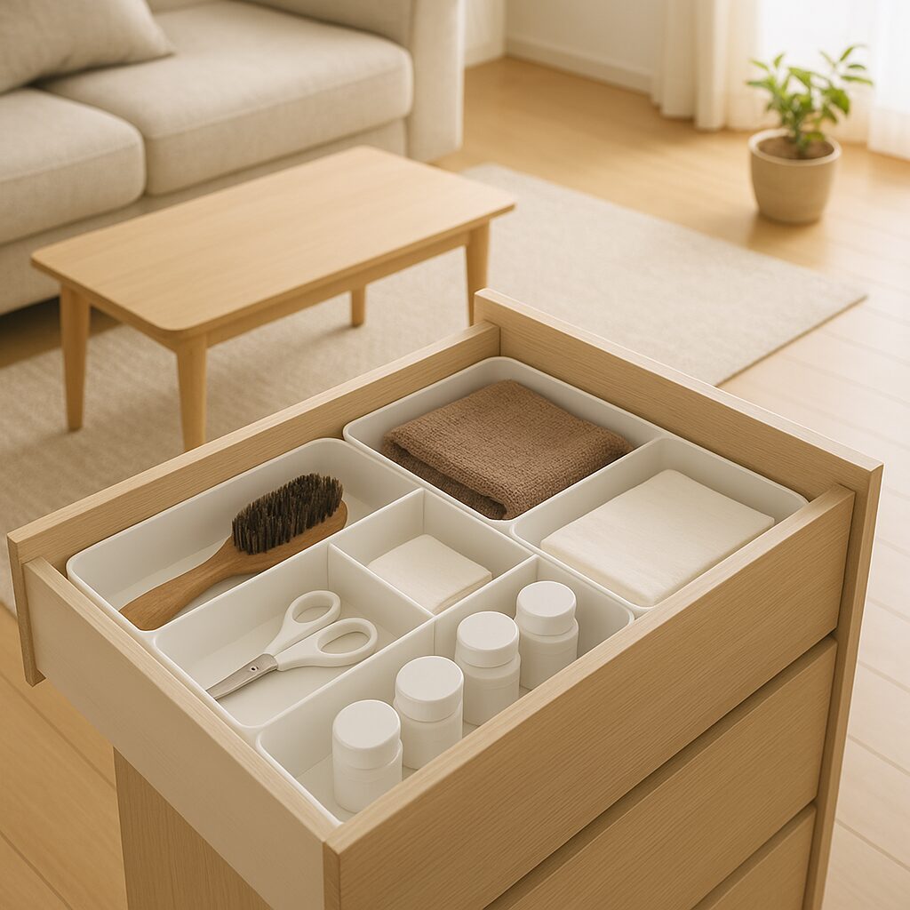 仕切りで整えられたリビングの引き出し収納