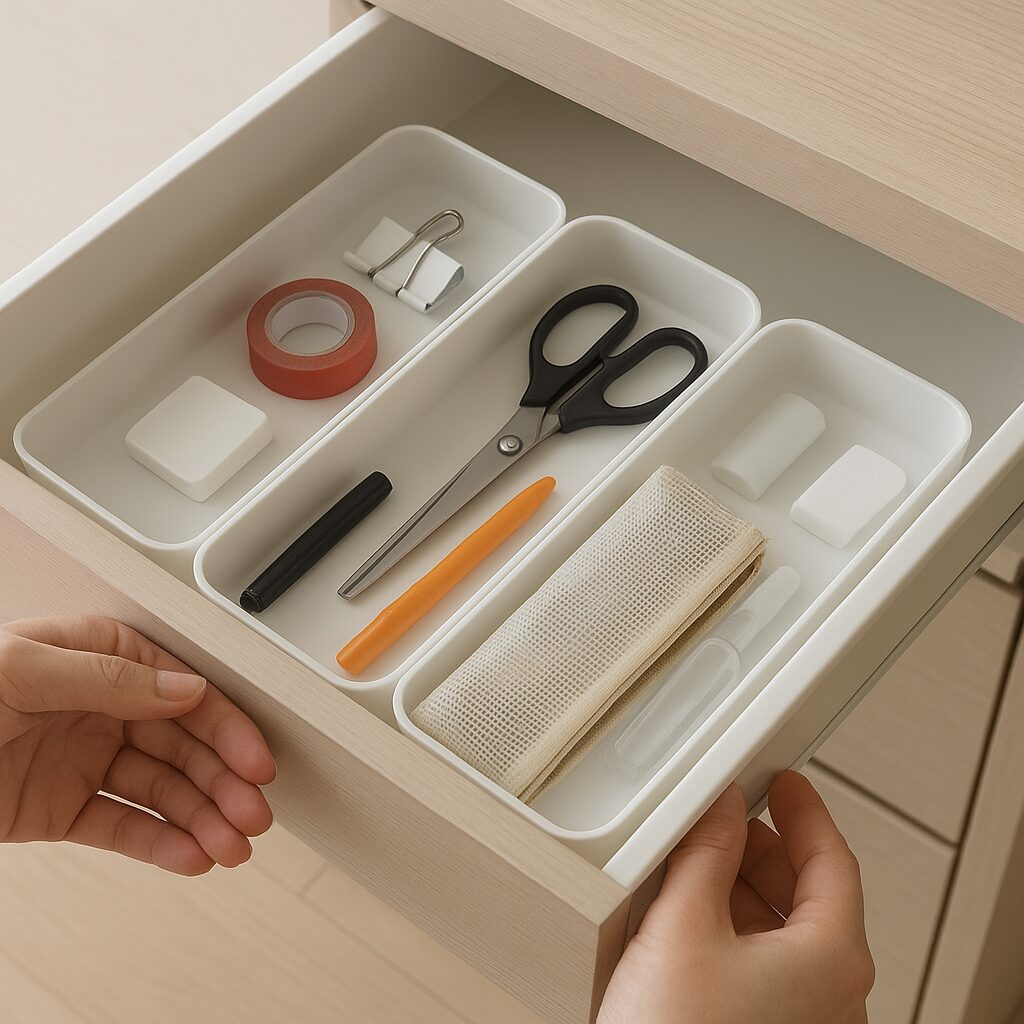 仕切りケースで小物を分類している引き出しの中