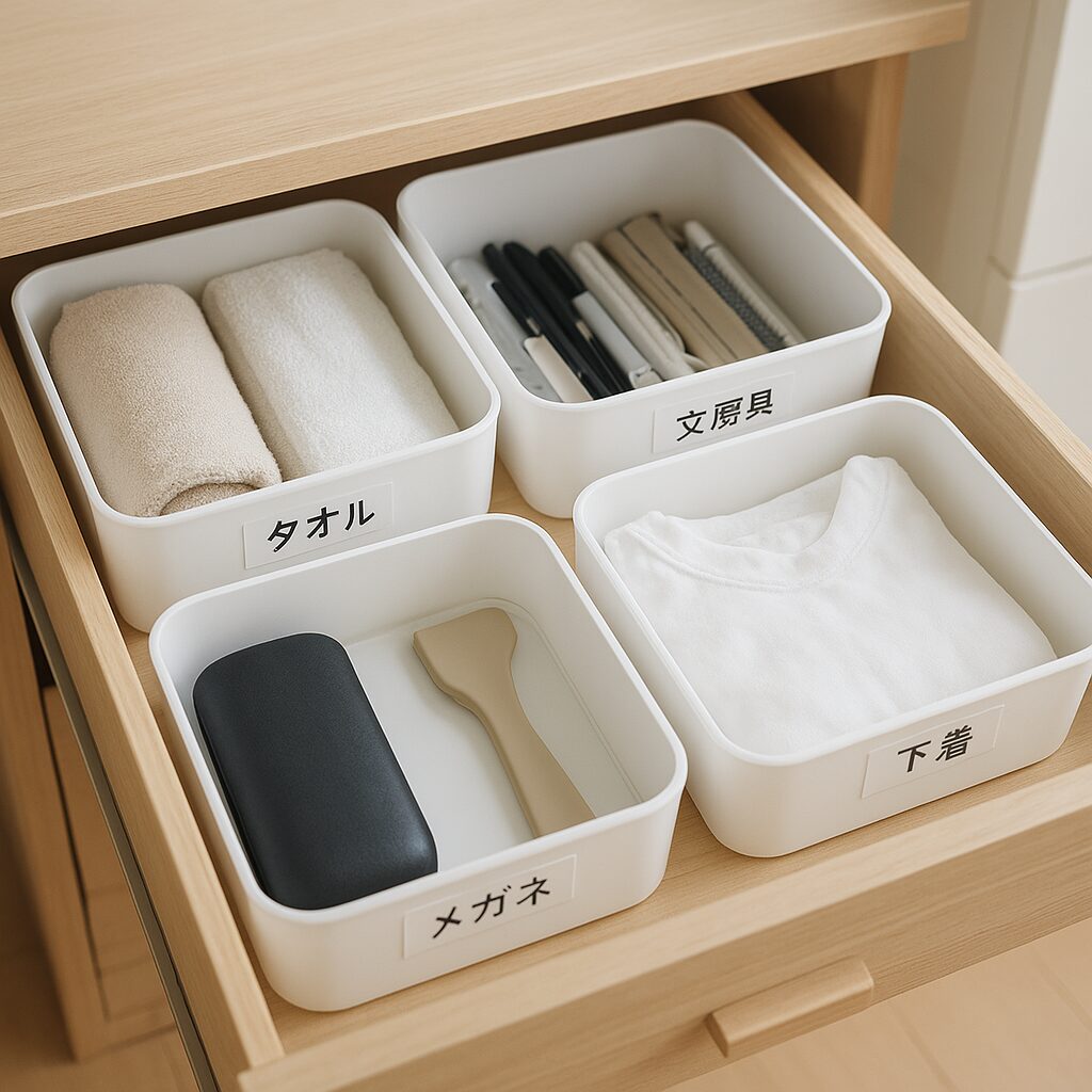 ラベル付き収納ケースで維持しやすくした引き出し