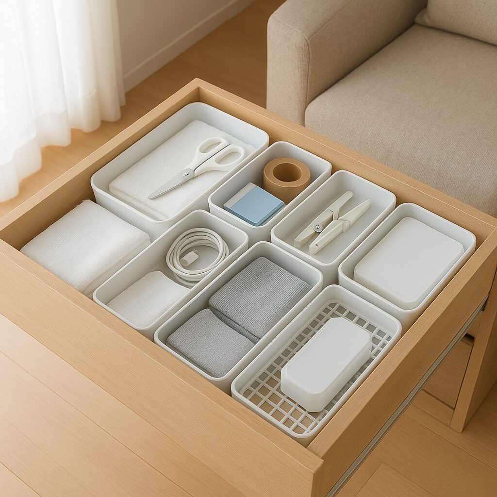 仕切りで整えられたリビング収納の引き出し