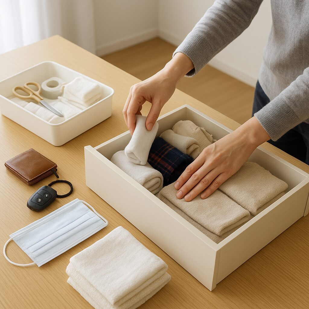 引き出しの中身を出して仕分けしているところ