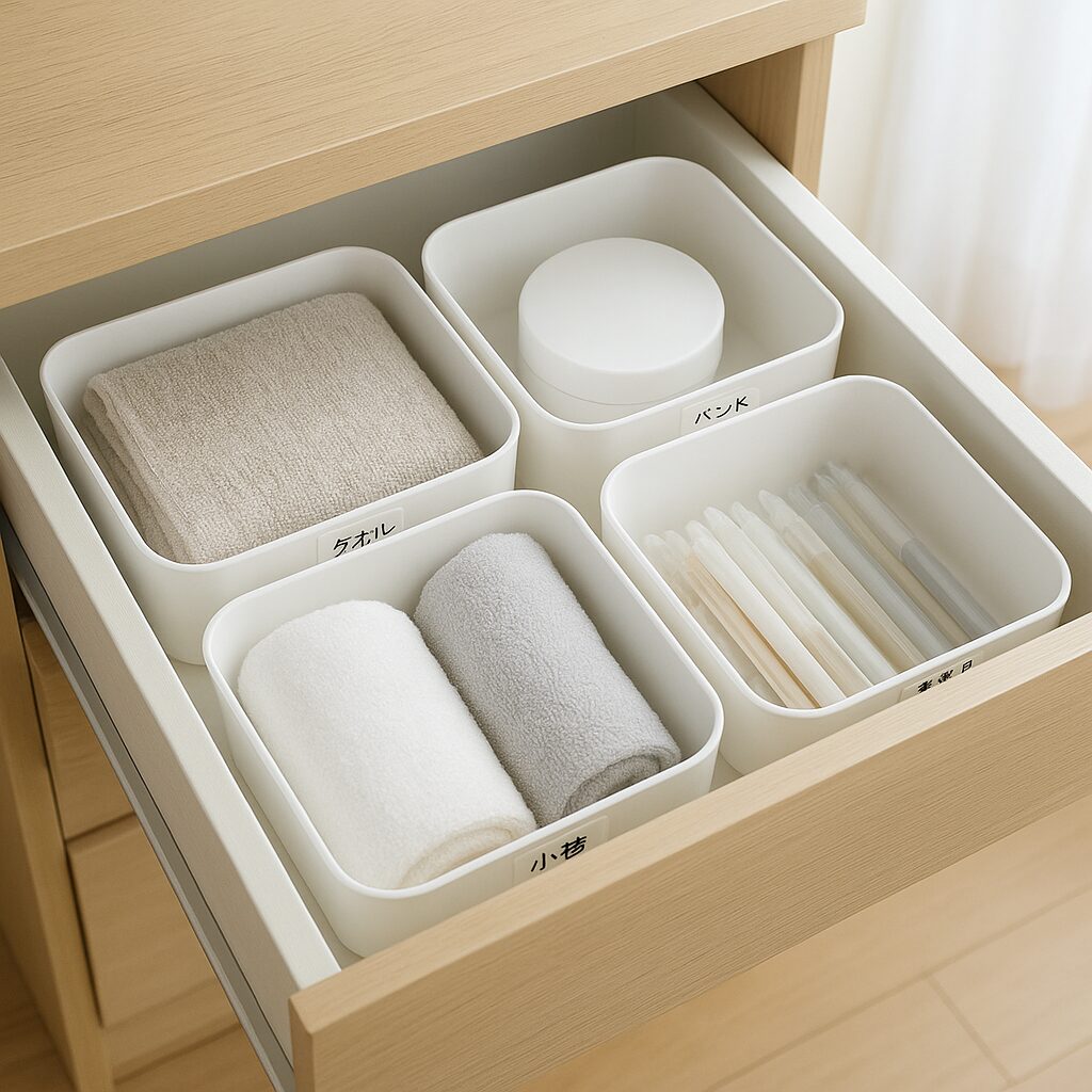 ラベル付きケースで整理された引き出しの中