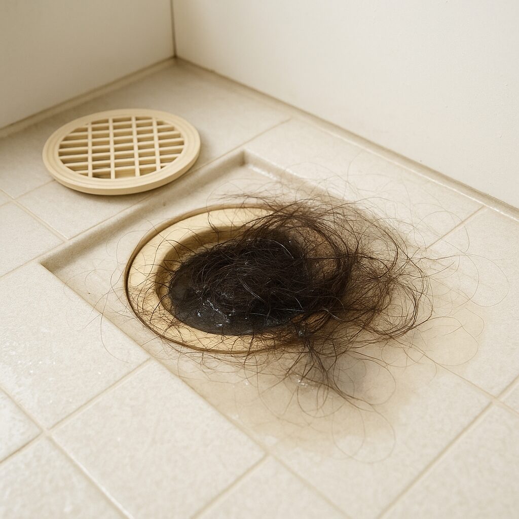 髪の毛が詰まって水が溜まっている浴室の排水口