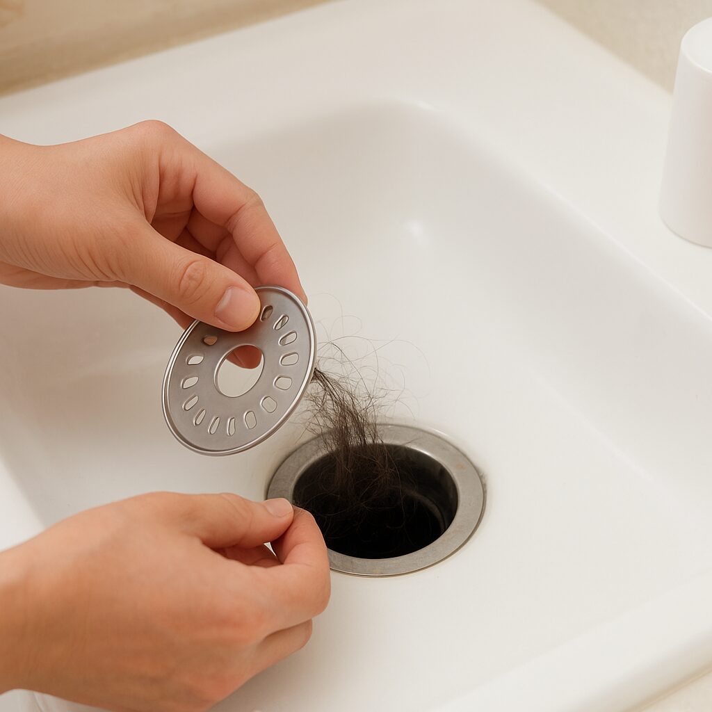 排水口から髪の毛の塊を取り出している様子