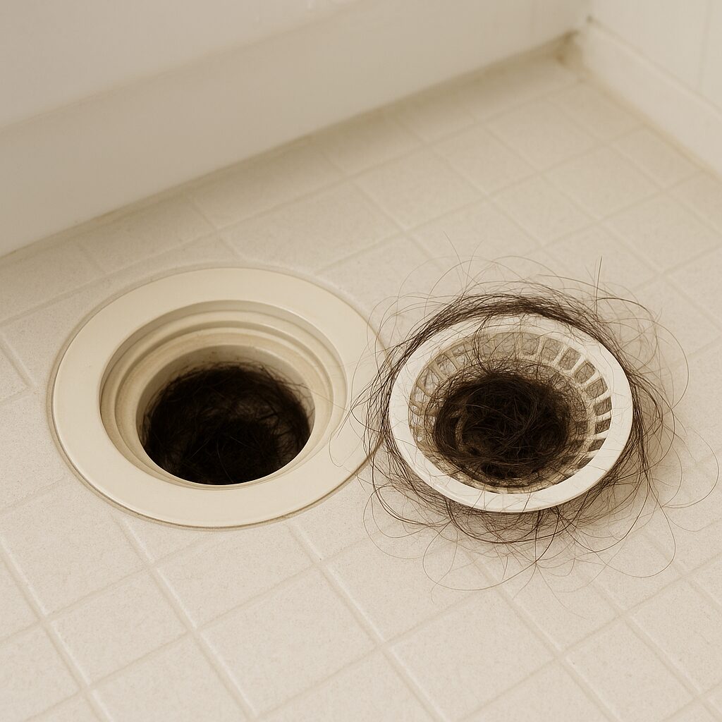 髪の毛がたまった浴室の排水口とヘアキャッチャー