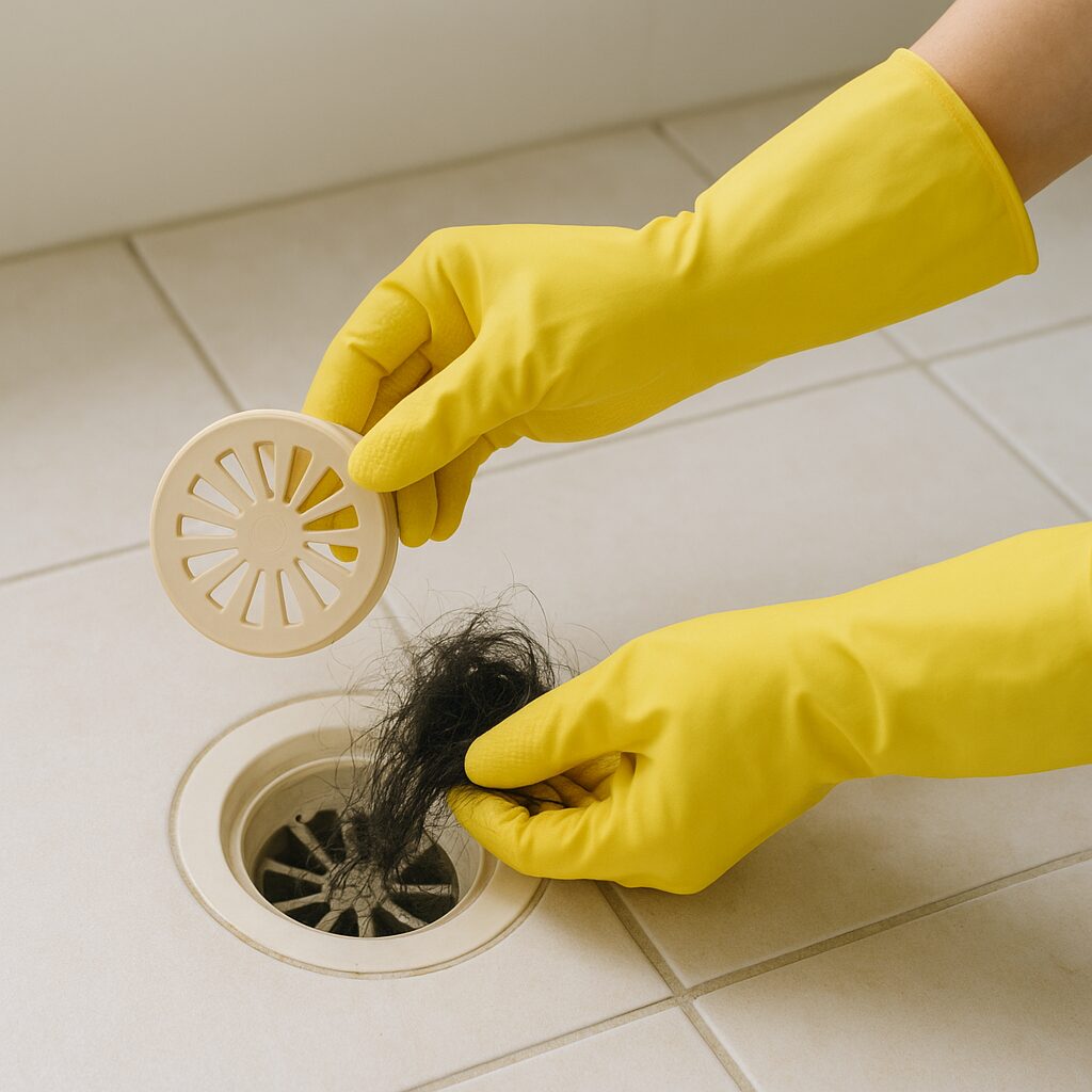 排水口から髪の毛を取り除く掃除の手元