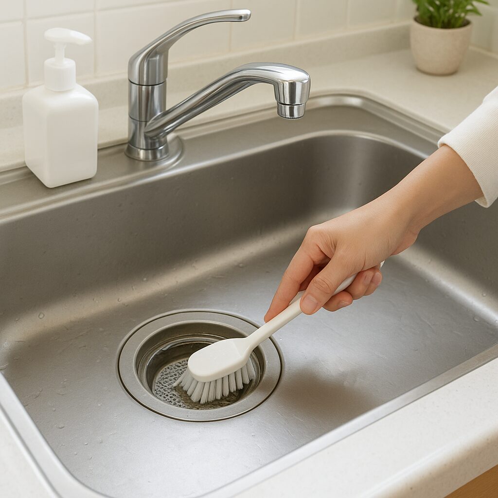 排水口のフタを外して掃除している様子