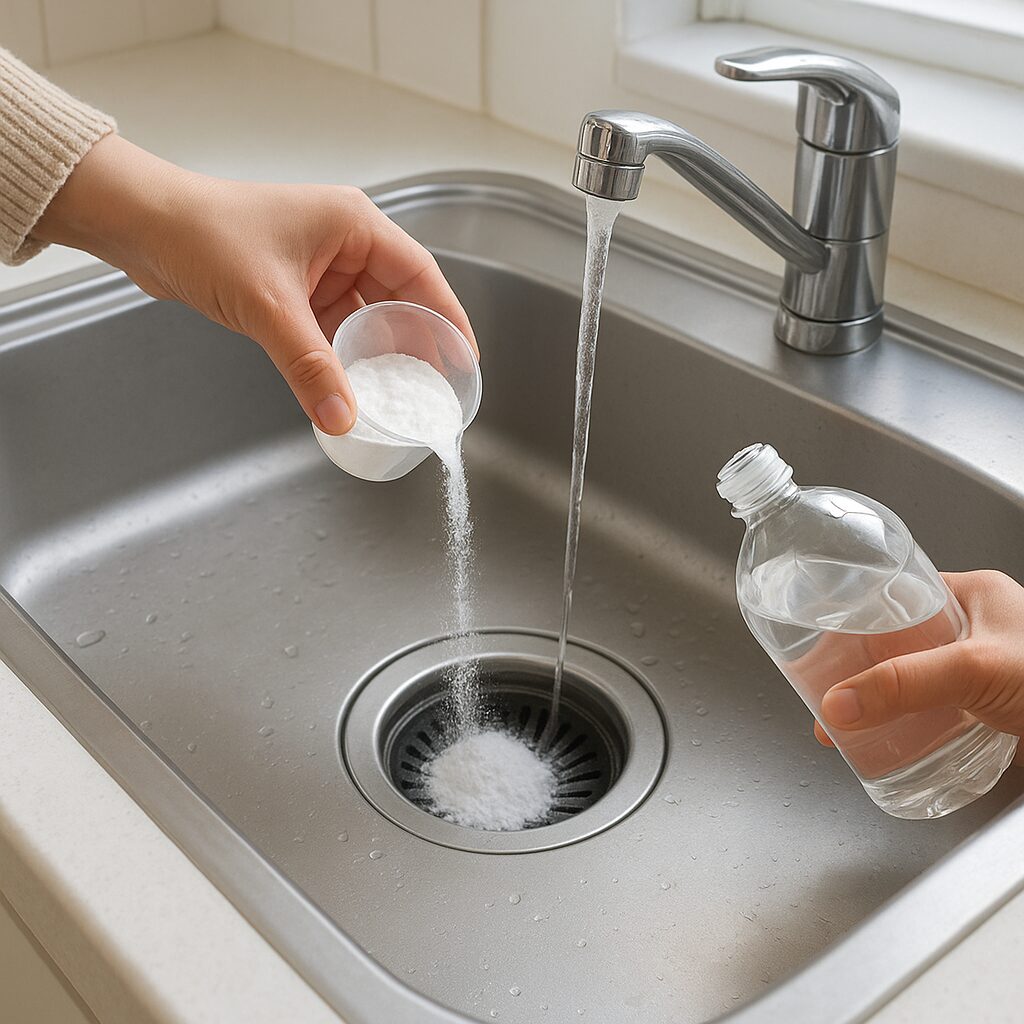排水口に重曹とお酢を使って悪臭対策している様子