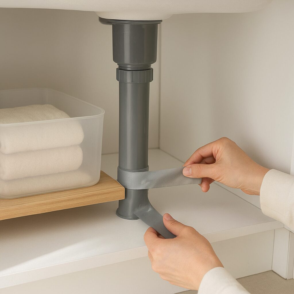 排水口からの虫の侵入を防ぐために隙間をふさいでいるところ