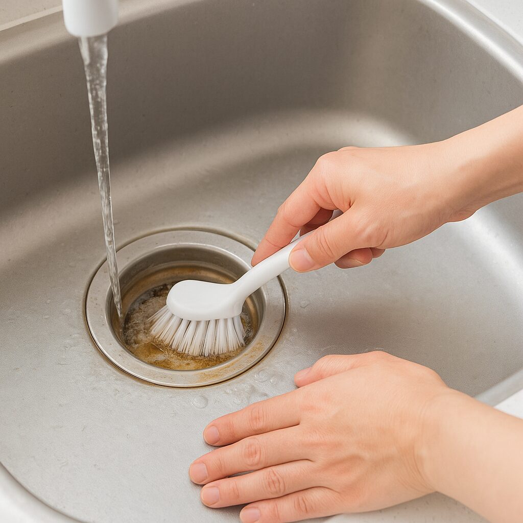 排水口を洗剤とスポンジで掃除している様子