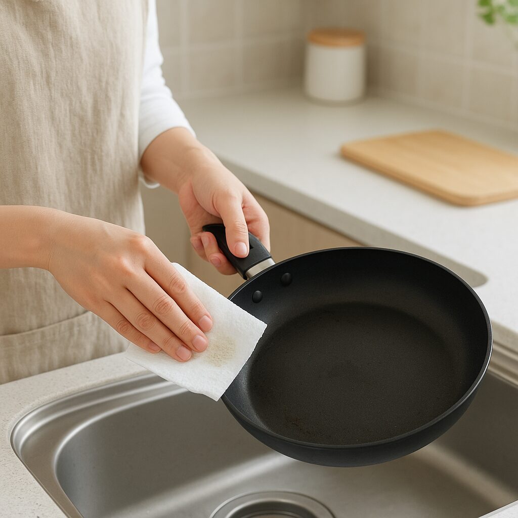 油を拭き取ってから排水口に流さないようにしている場面