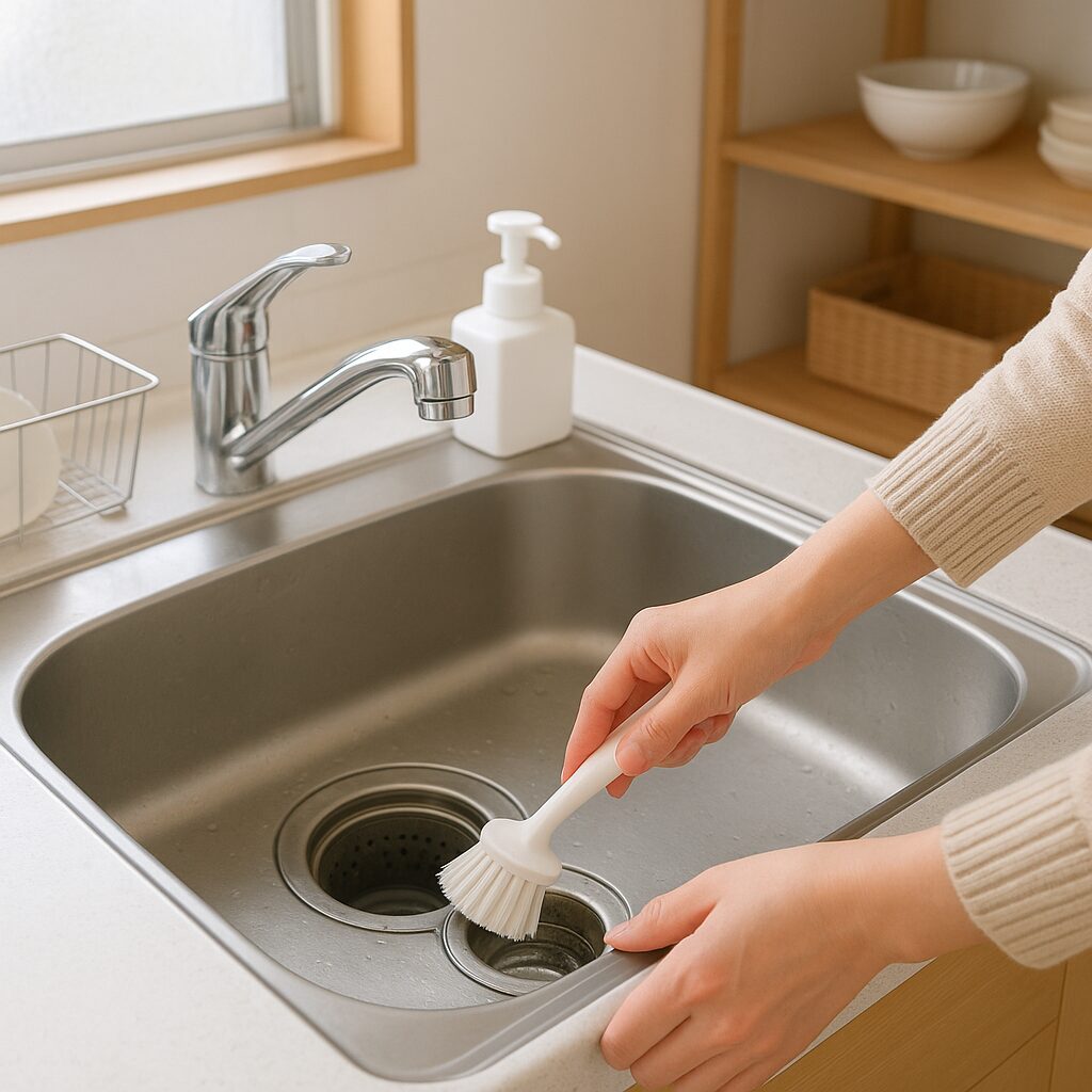 キッチンの排水口を掃除して悪臭対策をしている様子