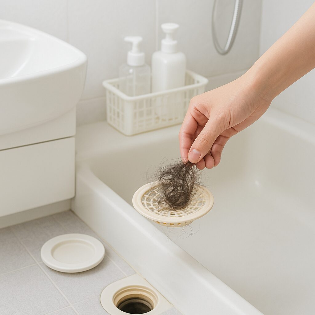 髪の毛をキャッチしているお風呂の排水口とヘアキャッチャー