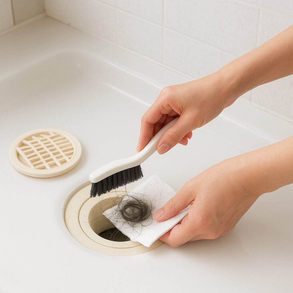 排水口にたまった髪の毛を掃除している様子