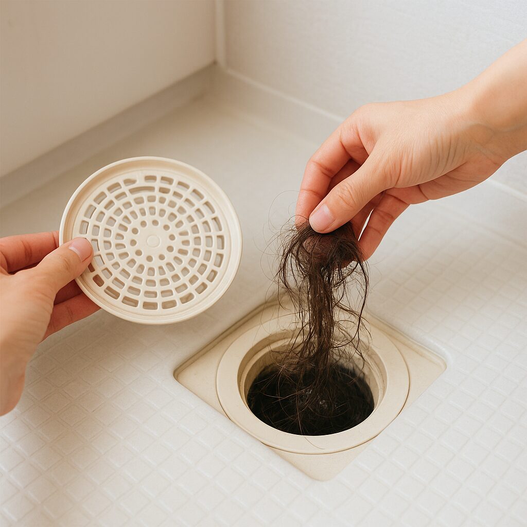 髪の毛が詰まった浴室の排水口の様子
