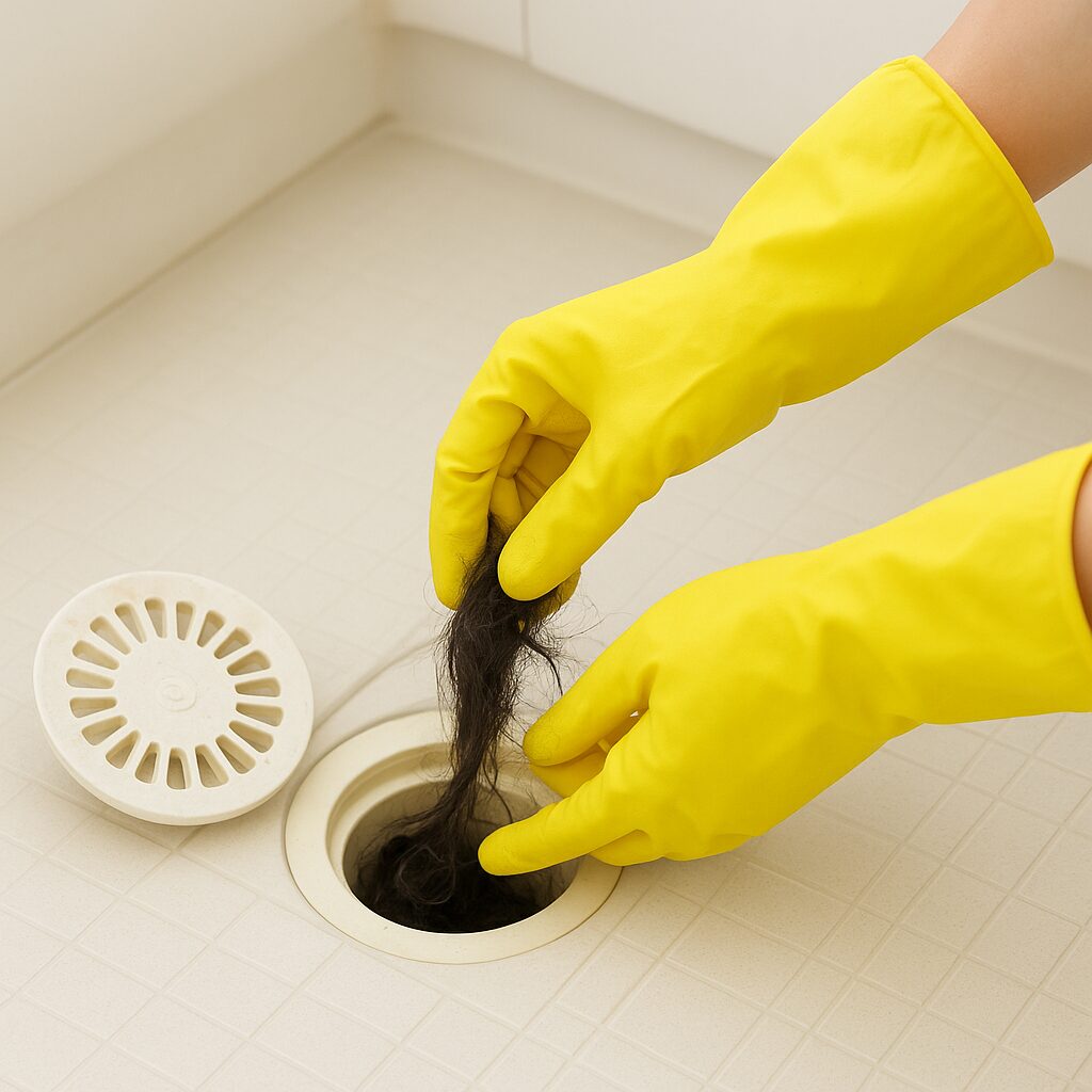 ゴム手袋で排水口の髪の毛を掃除しているところ