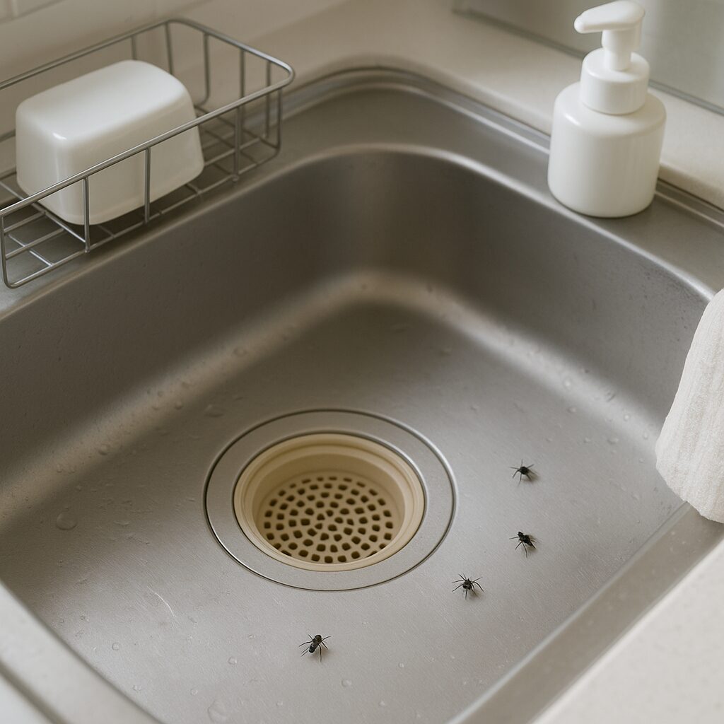 キッチンの排水口から小さな虫が出てきて悩んでいるイメージ