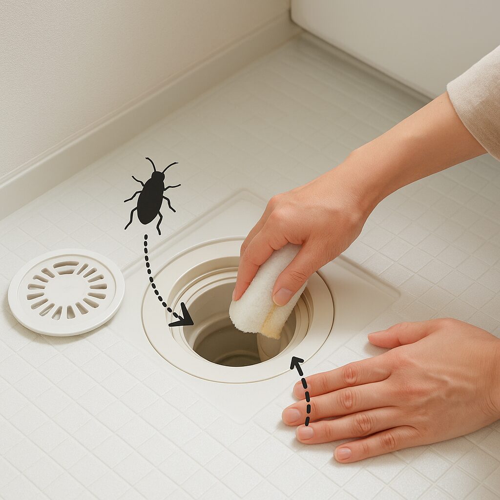 排水トラップと配管の断面図に虫の侵入経路を示した図解