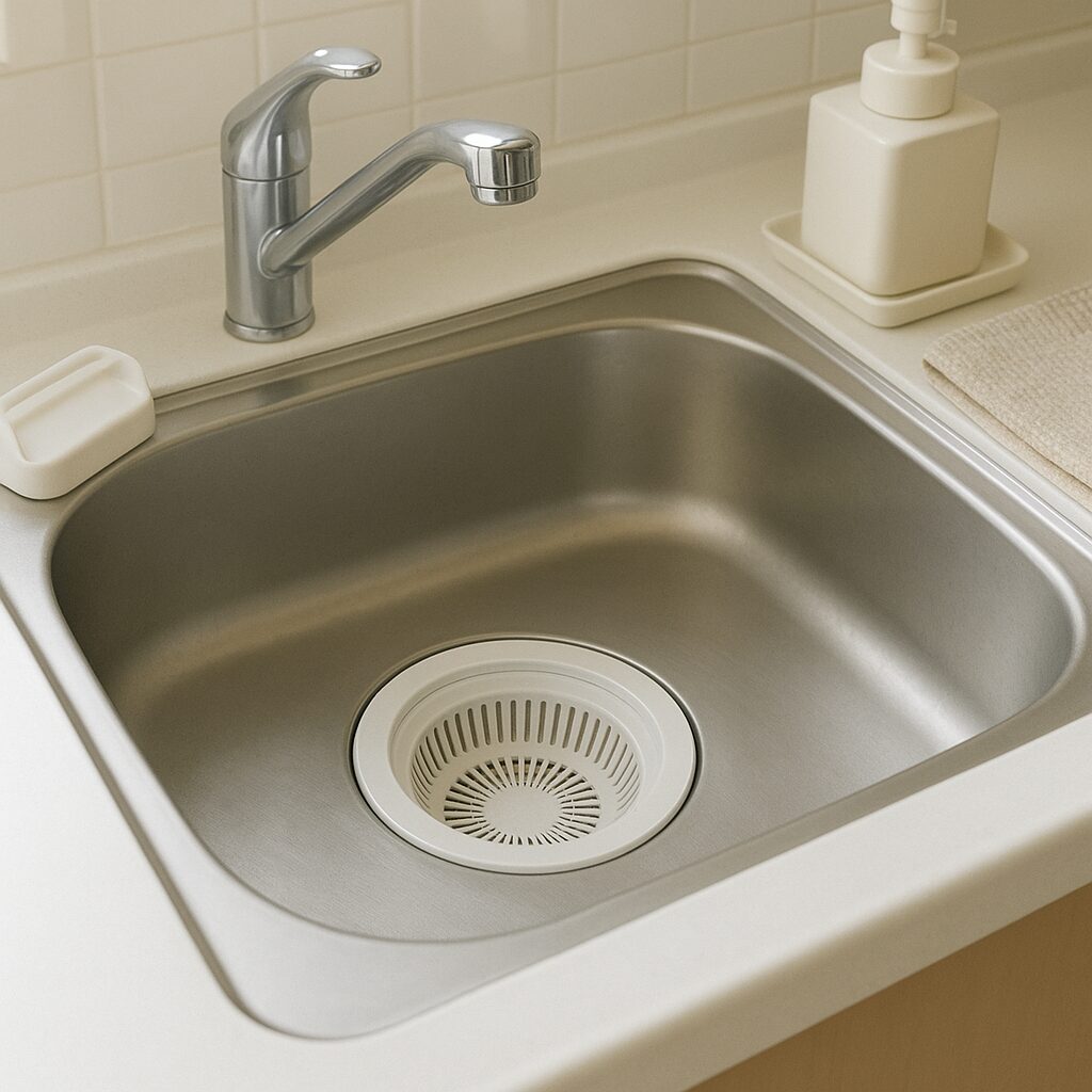 フタやストレーナーで排水口をカバーし清潔に保っている様子