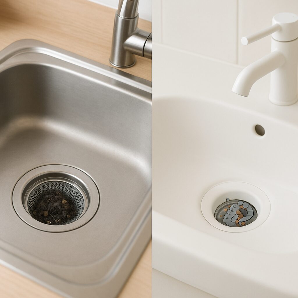 排水口周りを掃除している手元と排水溝詰まりのイメージ図