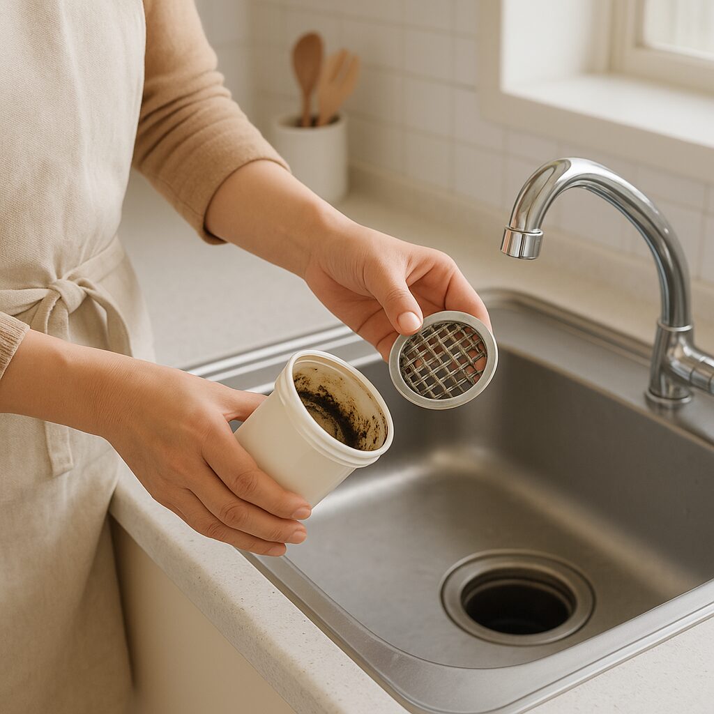 排水口カバーとゴミ受けを外して内部の汚れをチェックしている様子