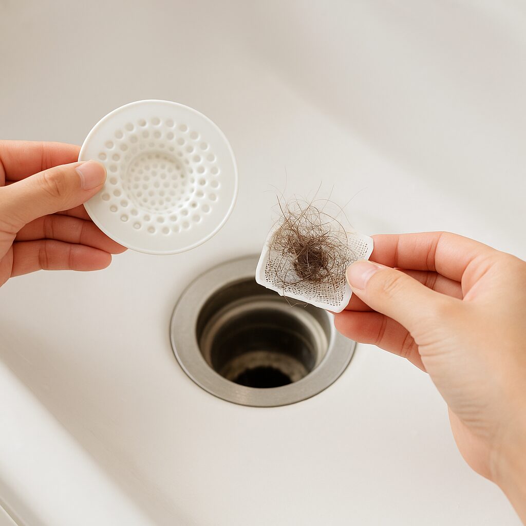 排水口用のゴミ受けとヘアキャッチャーを装着して詰まりを予防している様子