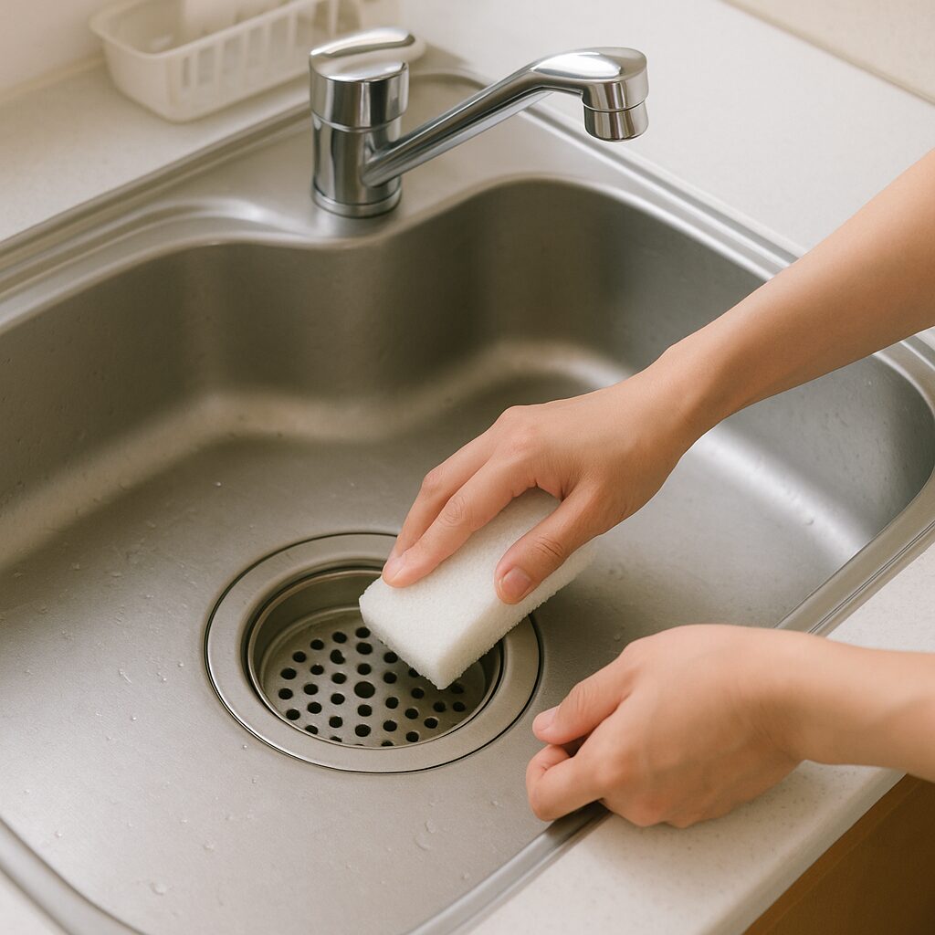 スポンジでキッチンの排水口のぬめりを掃除している手元