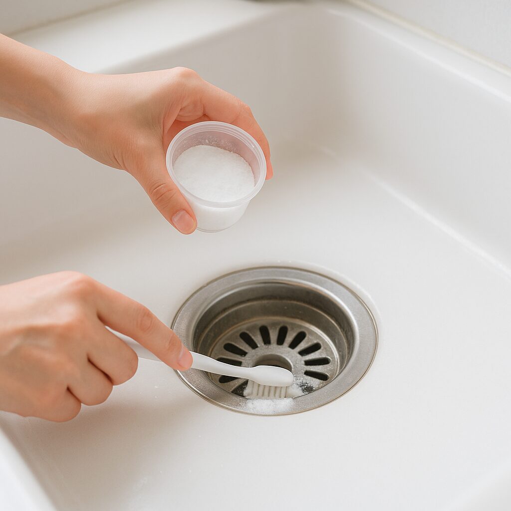 重曹を排水口に振りかけ、その上からクエン酸水をかけているところ