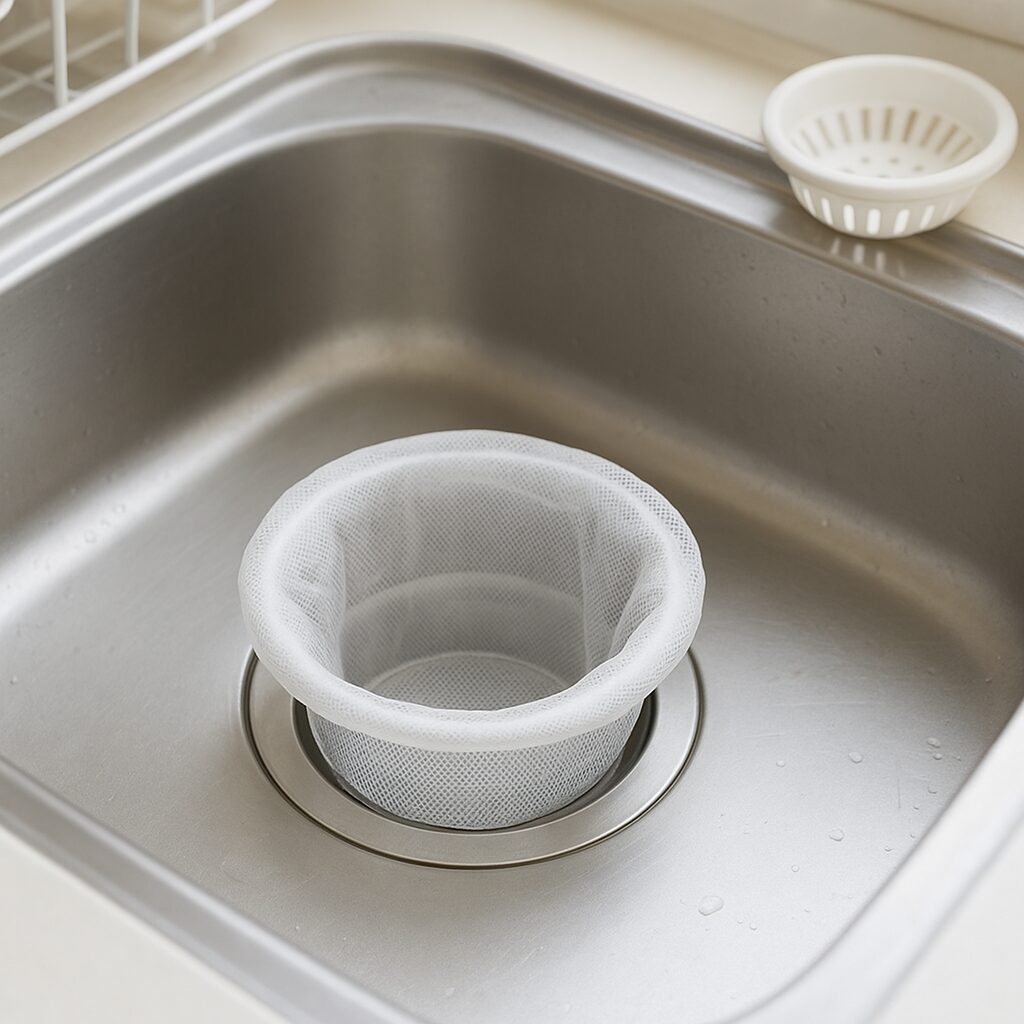 排水口ネットをつけた清潔なキッチンの排水口とゴミ受け