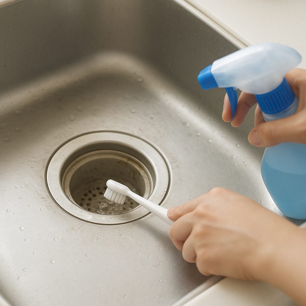 重曹と食器用洗剤で排水口の油汚れを掃除している手元