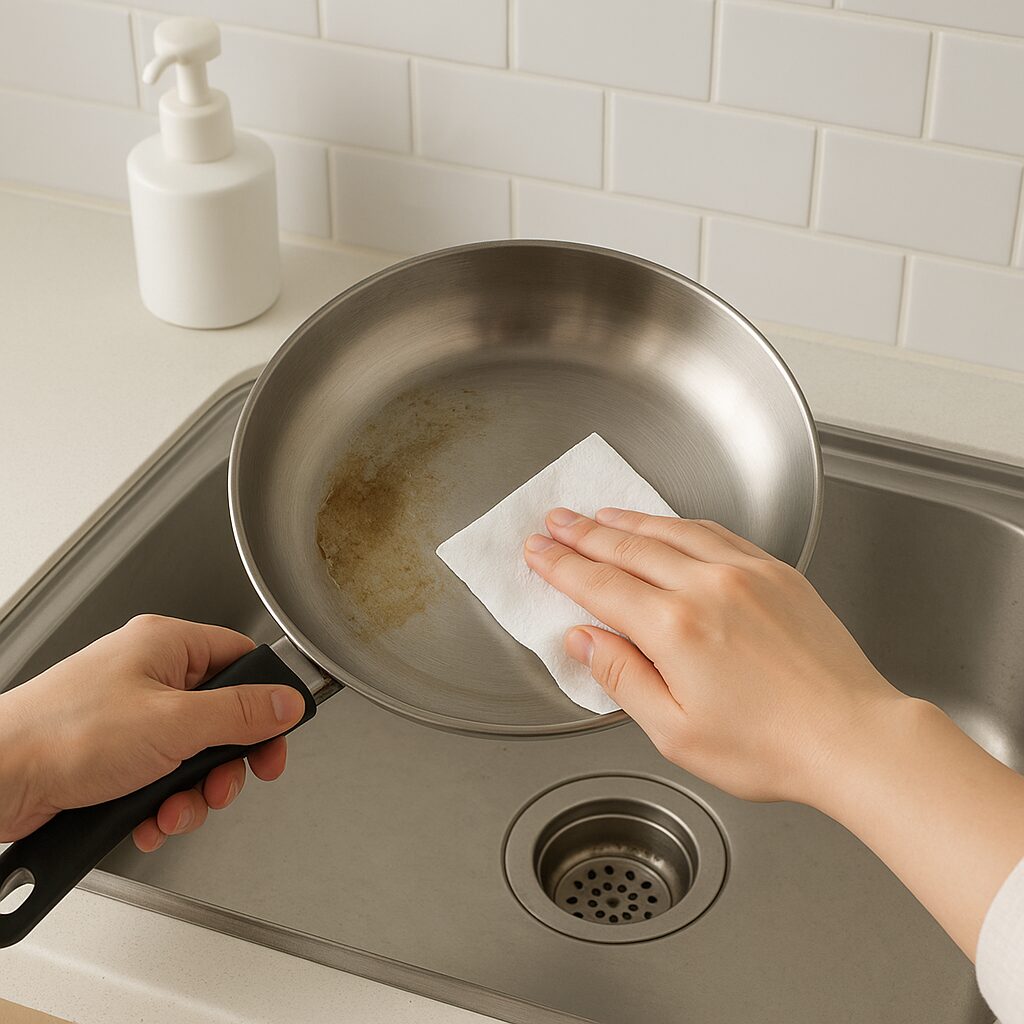 フライパンの油を拭き取って排水口に油を流さないようにしている様子