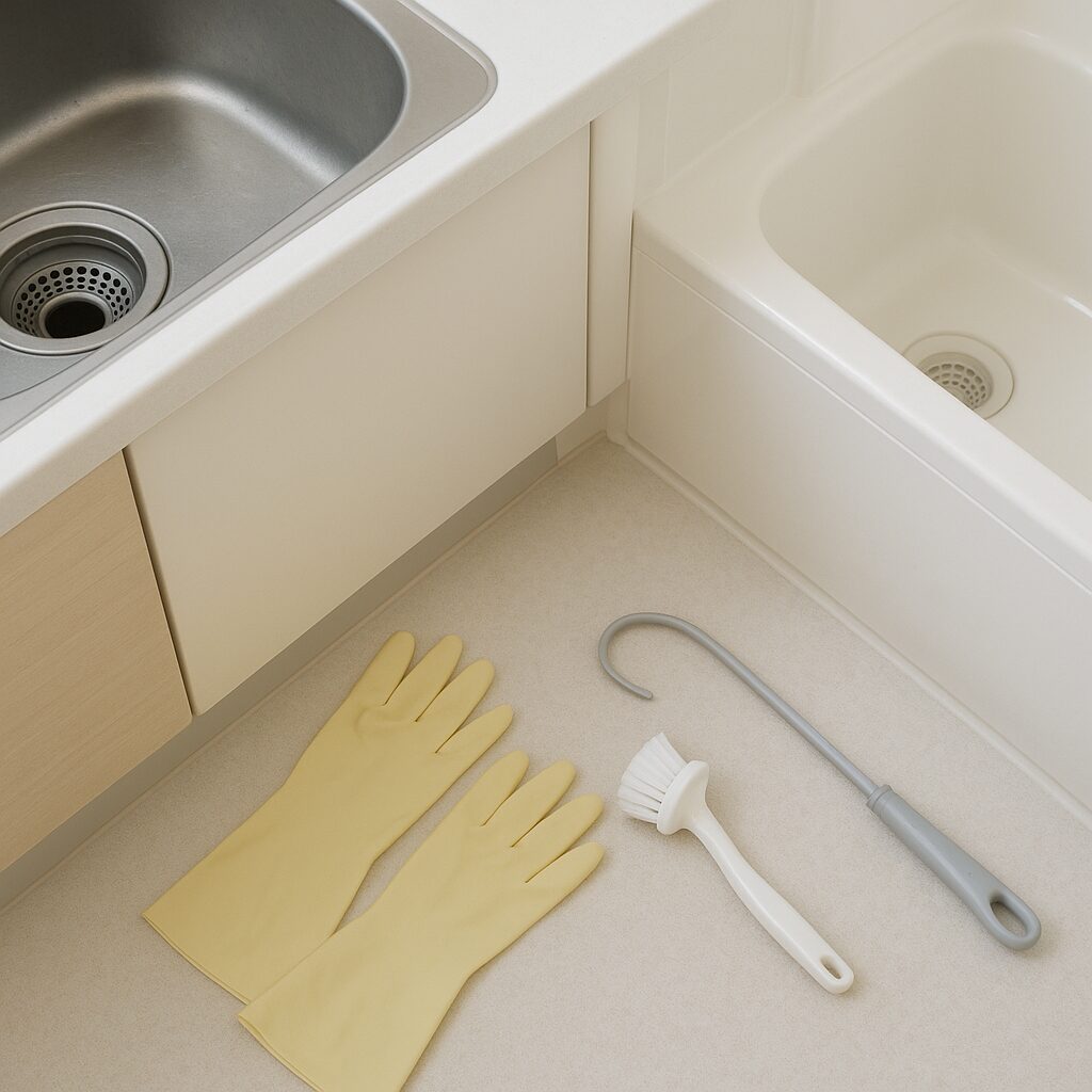 キッチンと浴室の排水口と掃除道具が並んだイメージ写真