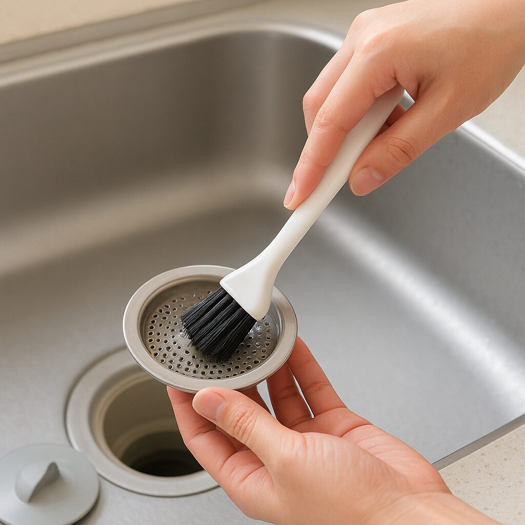 排水口のゴミ受けをブラシで掃除している様子