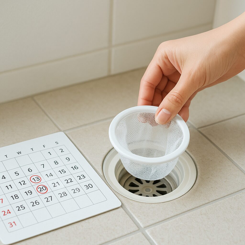 排水口ネットと定期的な掃除で予防しているイメージ図