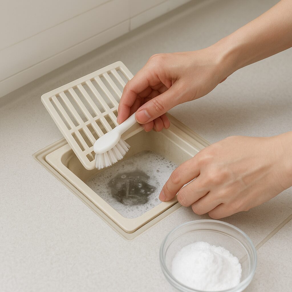 排水口をブラシと重曹で掃除している手元