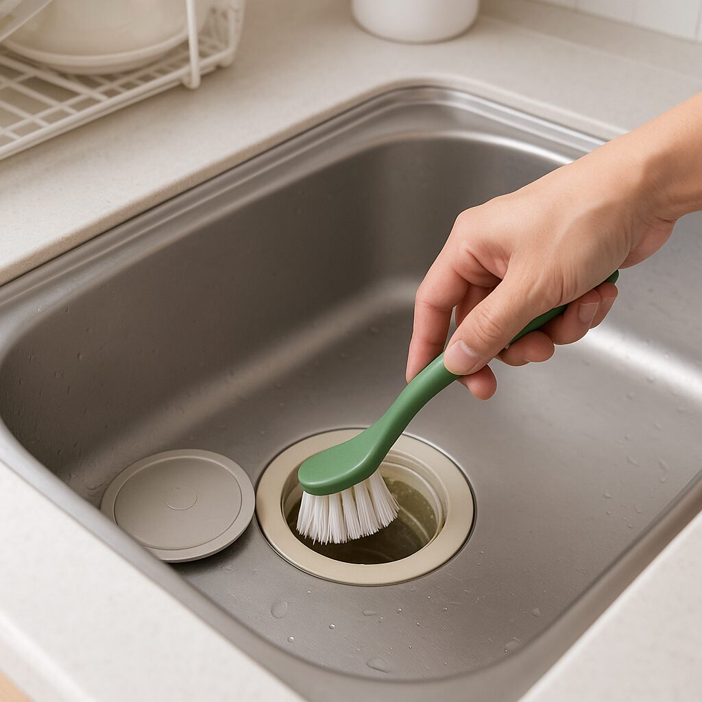 排水口のぬめりをブラシで掃除している様子