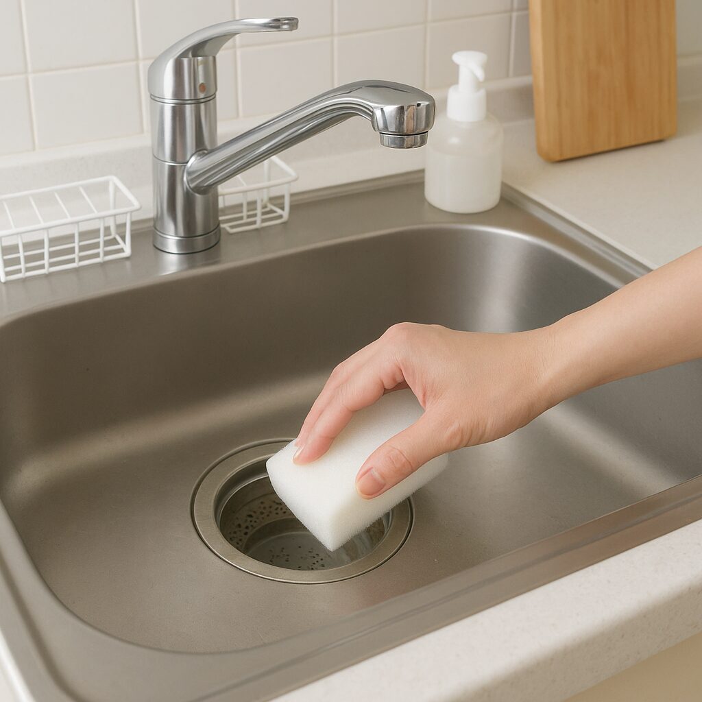 キッチンの排水口のぬめりを掃除している様子