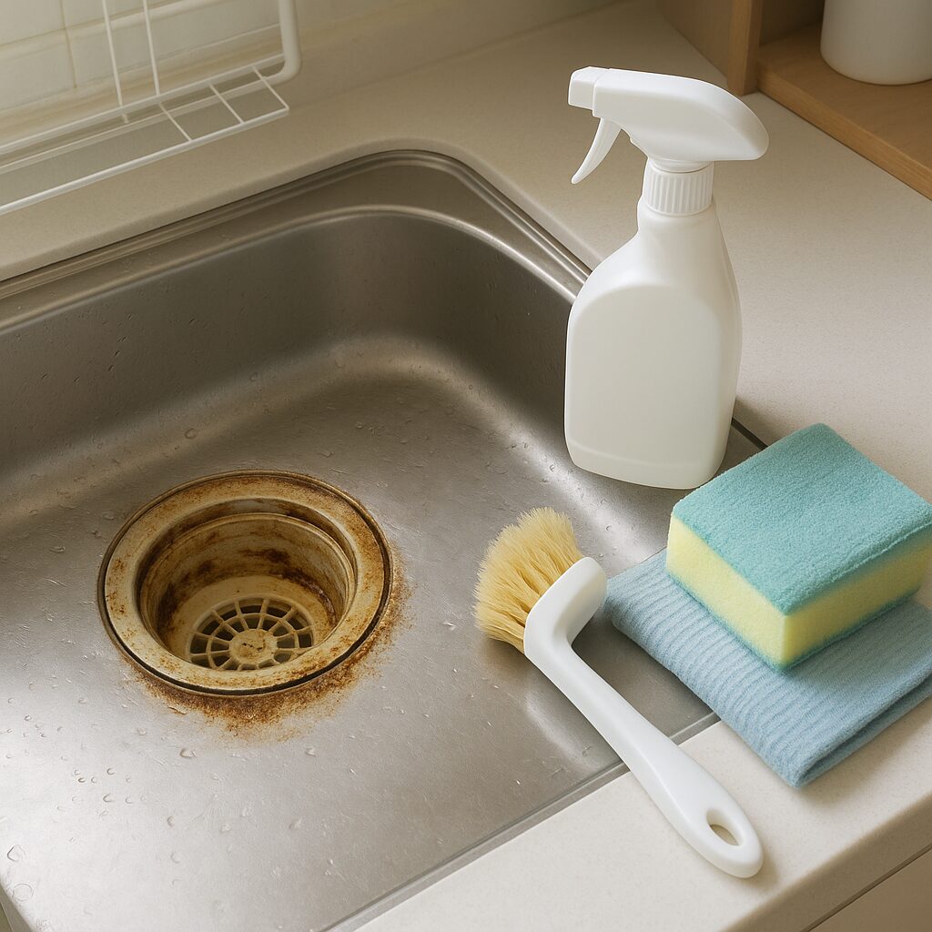 キッチンの排水口と掃除道具が並んだ油汚れ対策のイメージ写真