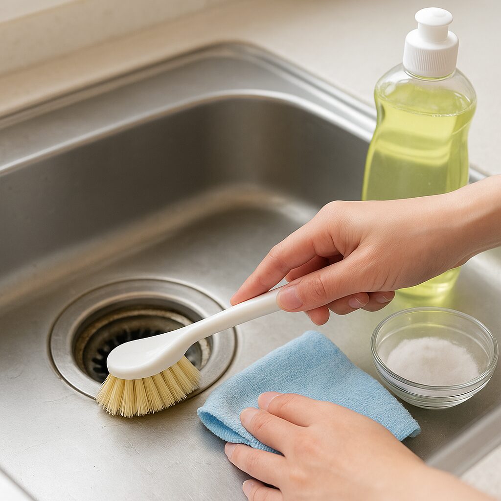 排水口の油汚れをブラシでこすり洗いしている様子