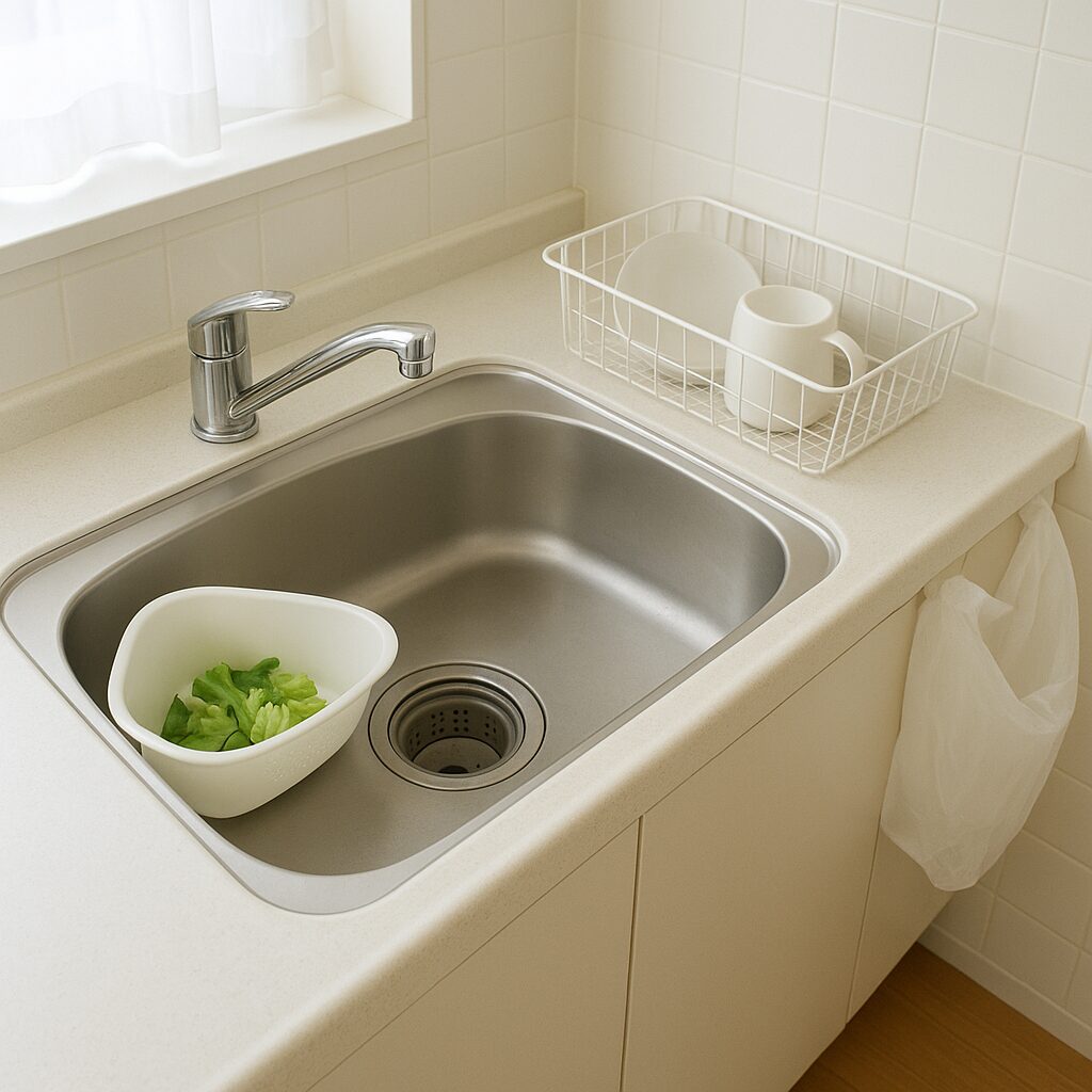 排水口の油汚れを予防するために生ごみ対策をしているキッチンの様子