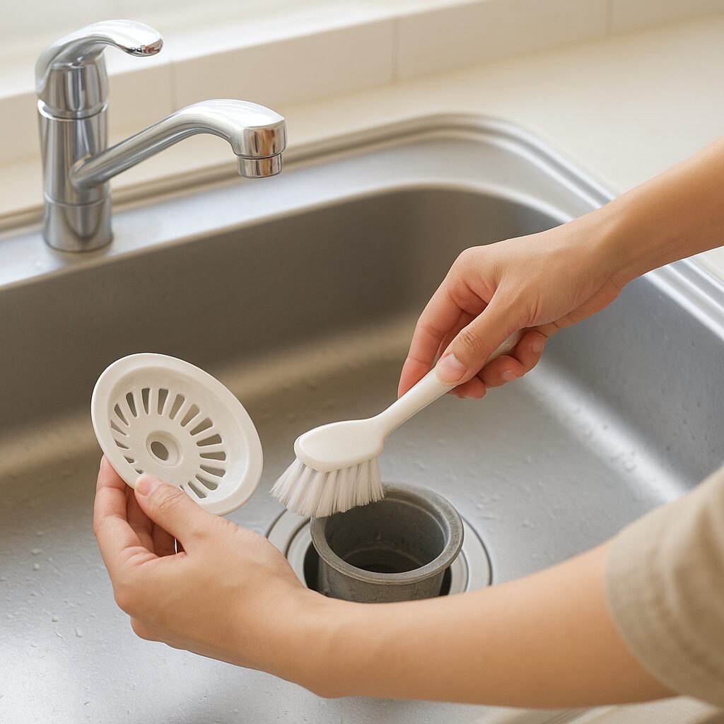 排水口パーツを外して掃除している様子