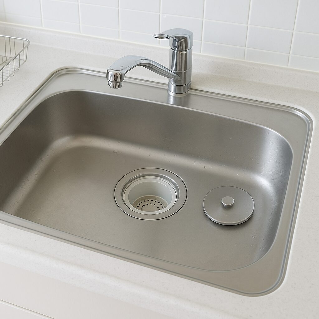 掃除されてきれいになったキッチンの排水口とシンク