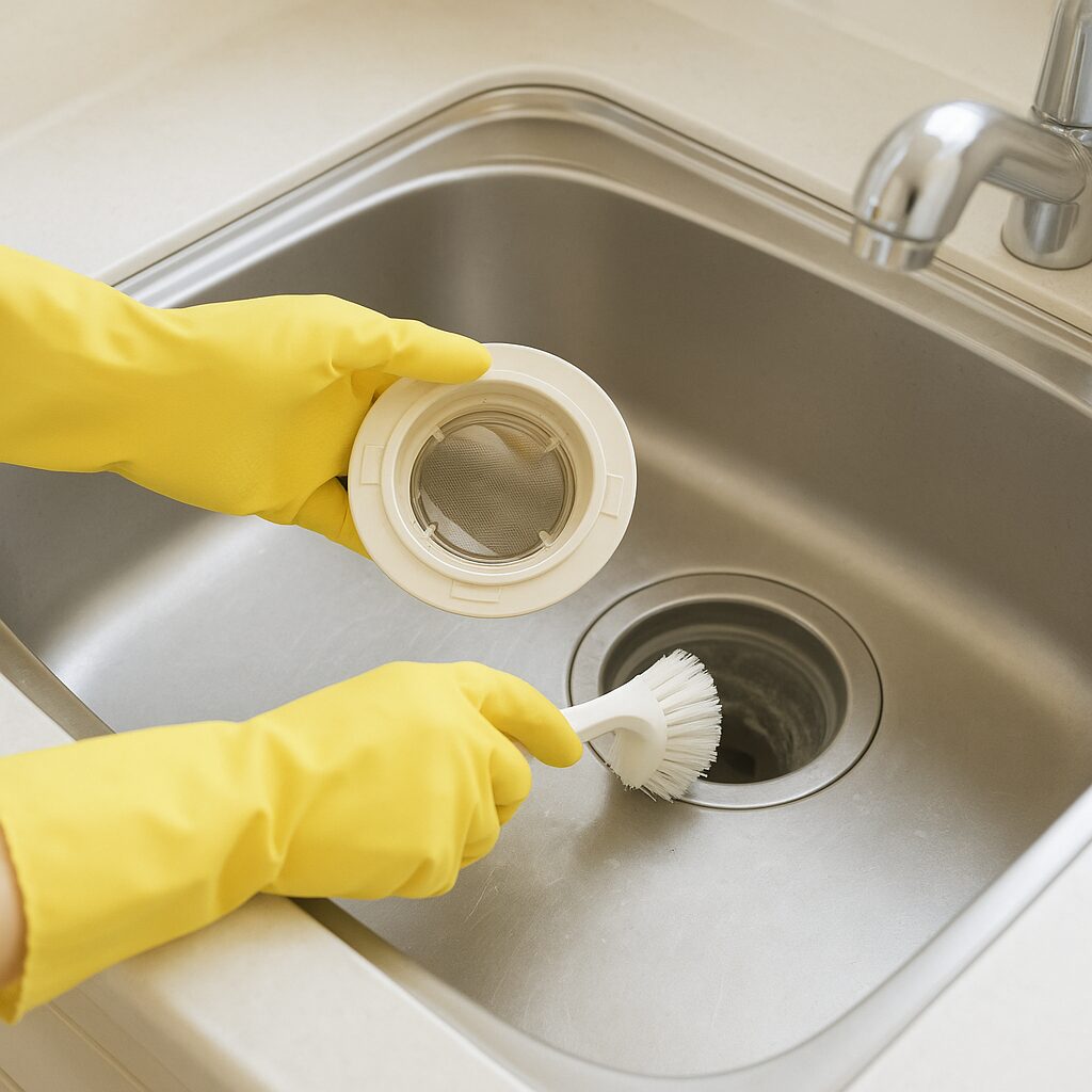 ゴム手袋をしてキッチン排水口を分解掃除しているところ