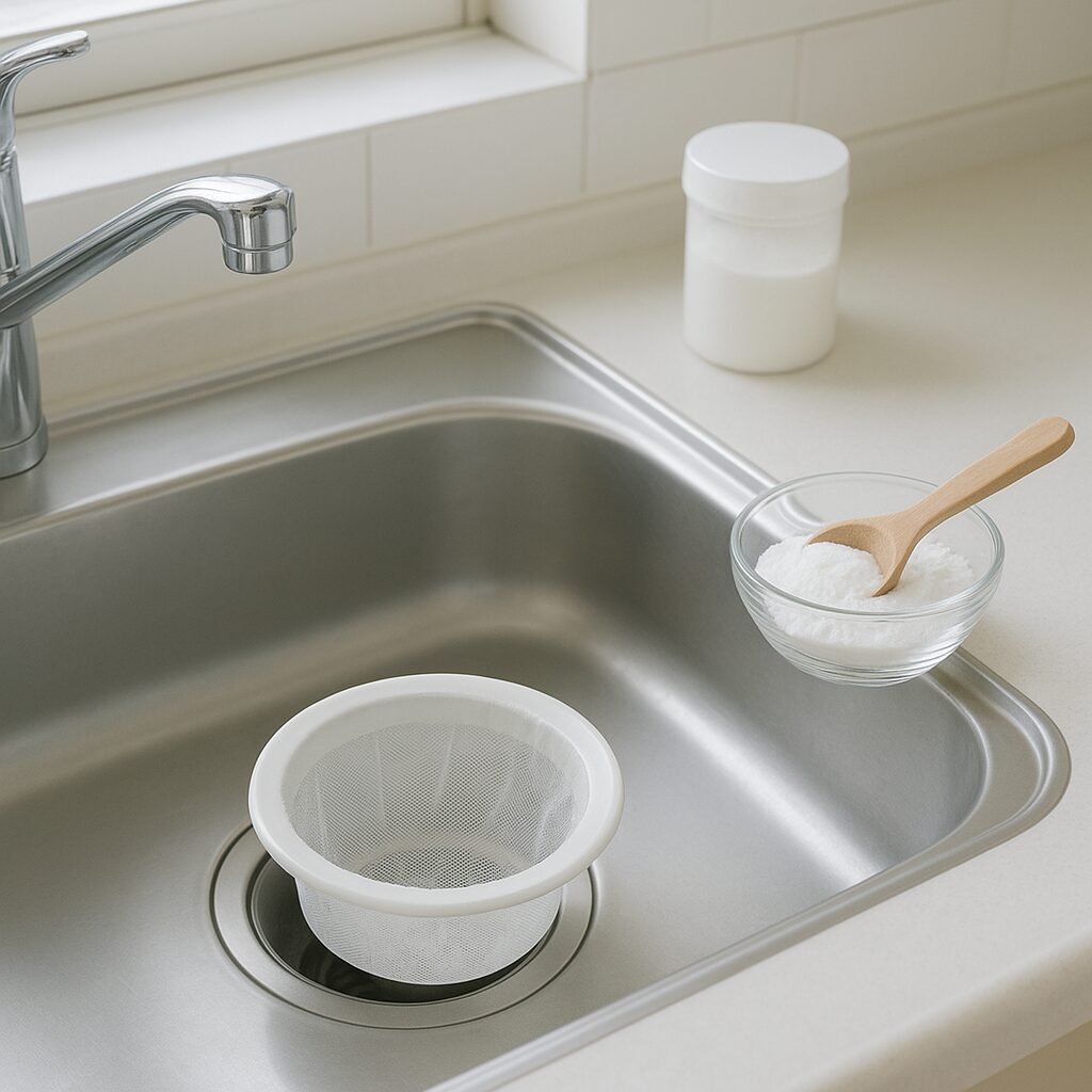 排水口ネットと重曹でキッチン排水口のつまりを予防するイメージ